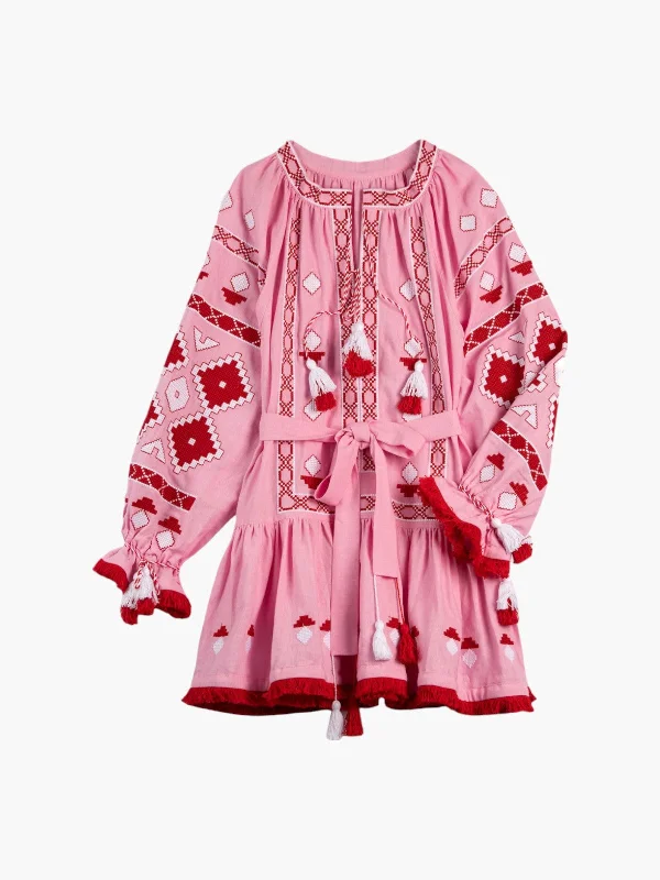 Nomeda Embroidered Ukrainian Dress | Pink/Red Tunics Fashionable chic