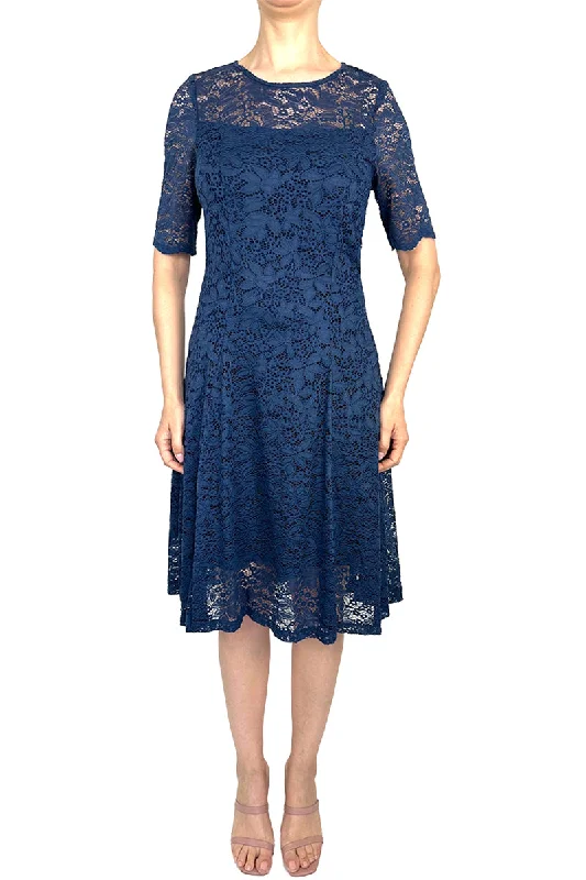 Women's Dress Navy Quality Stretch lace Flattering Fit Fully Lined Quality made In Canada Exclusive Yvonne Marie Boutiques Crew Neckline Casual Women's Dress Navy Quality Stretch lace Flattering Fit Fully Lined Quality made In Canada Exclusive Yvonne Marie Boutiques Crew Neckline Casual