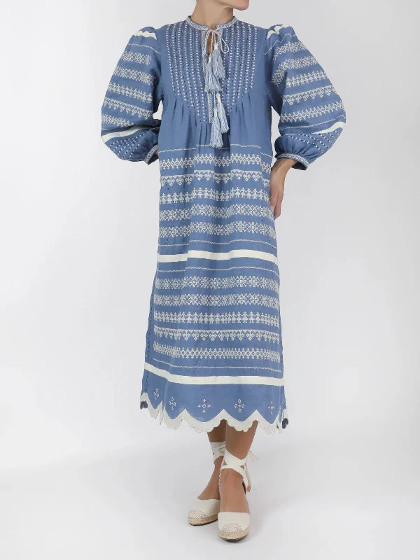 Kateryna Embroidered Ukrainian Dress | French Blue/White Tunics Chic elegant