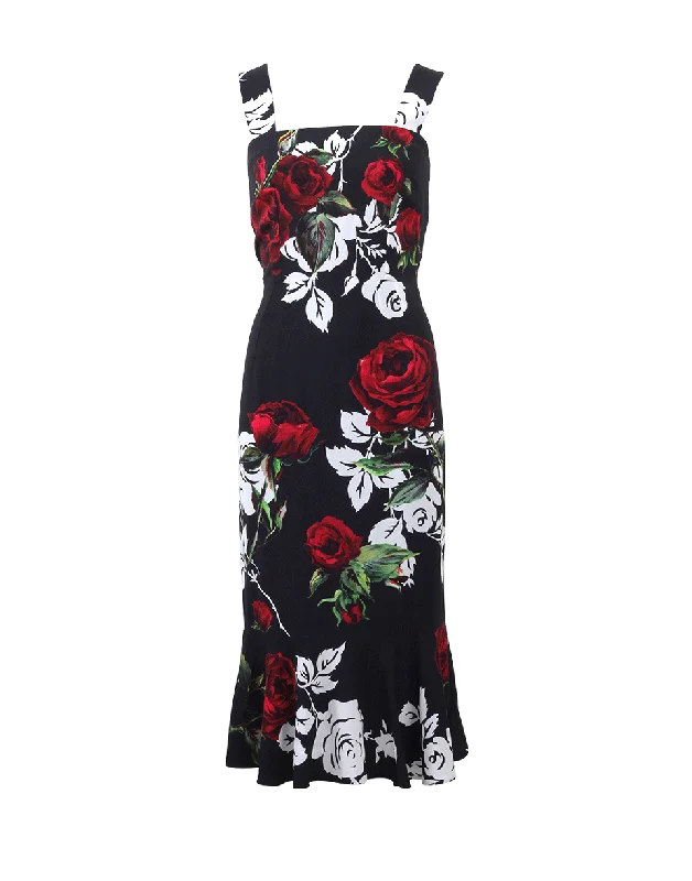 Rose Print Flounce Bottom Dress Tunics Canvas sturdy
