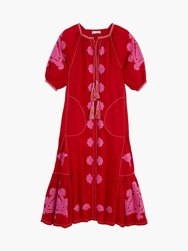 Matisse Embroidered Ukrainian Dress | Red/Pink empire Waist empire