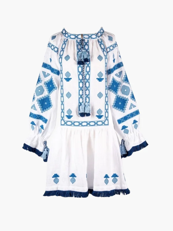 Nomeda Embroidered Ukrainian Dress | White/Blue Tunics Trendy modern