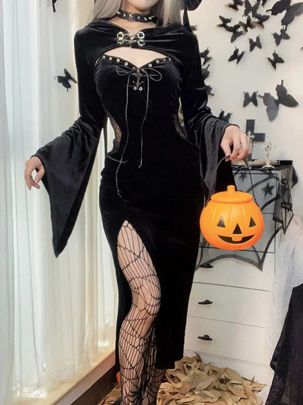 Vampire Spider Witch Demon Cosplay Sheer Side Dress Adult Halloween Costume Cowl Neckline Elegant