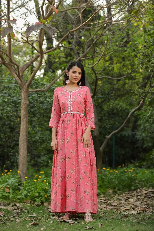 Pink Muslin Silk Floral Anarkali Dress Tunics Floral girly