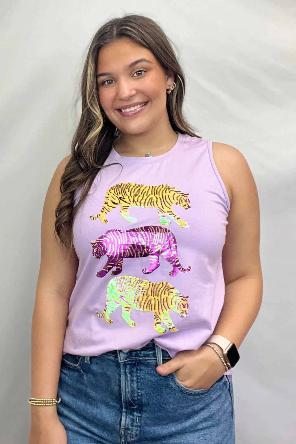 Women's Tank Top Sequin Triple Tiger Lavender activewear tank top
