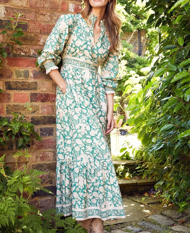 Emmeline Dress - Tea Rose Green/Taupe Crew Neckline Casual