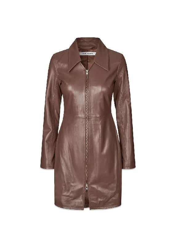 Deep Leather Zip Dress - Cappucino Cowl Neckline Elegant