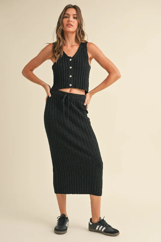 Delilah Ribbed Tank and Skirt Set in Black fitness tank top