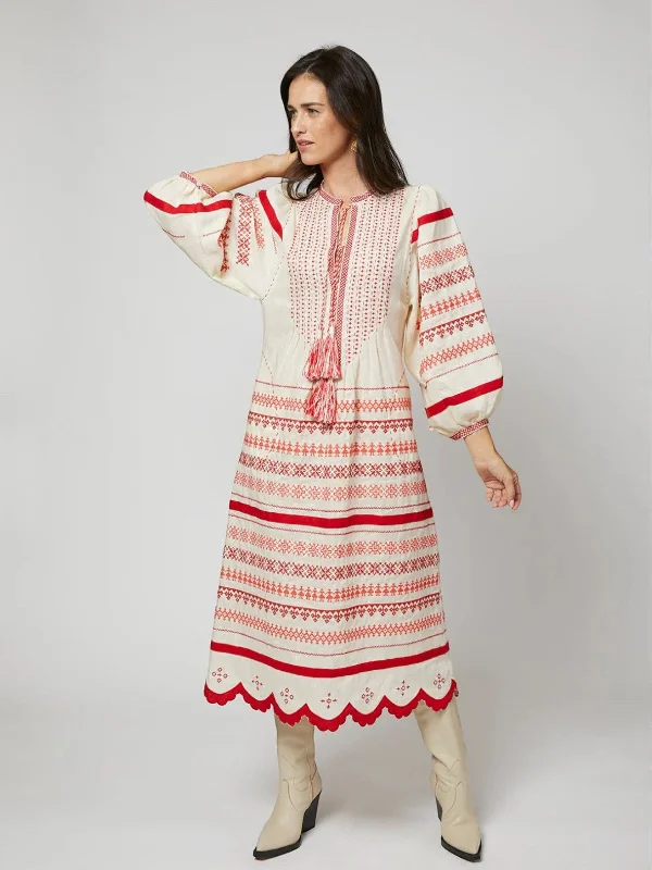 Kateryna Embroidered Ukrainian Dress | Ivory/Red Halter Neckline Beach