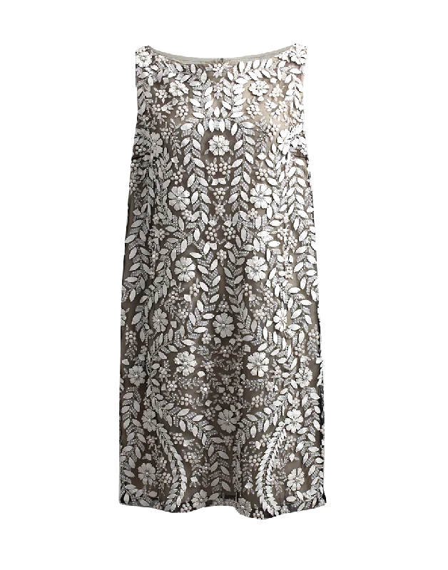 Floral Leather Applique Shift Dress Elegant Long Evening
