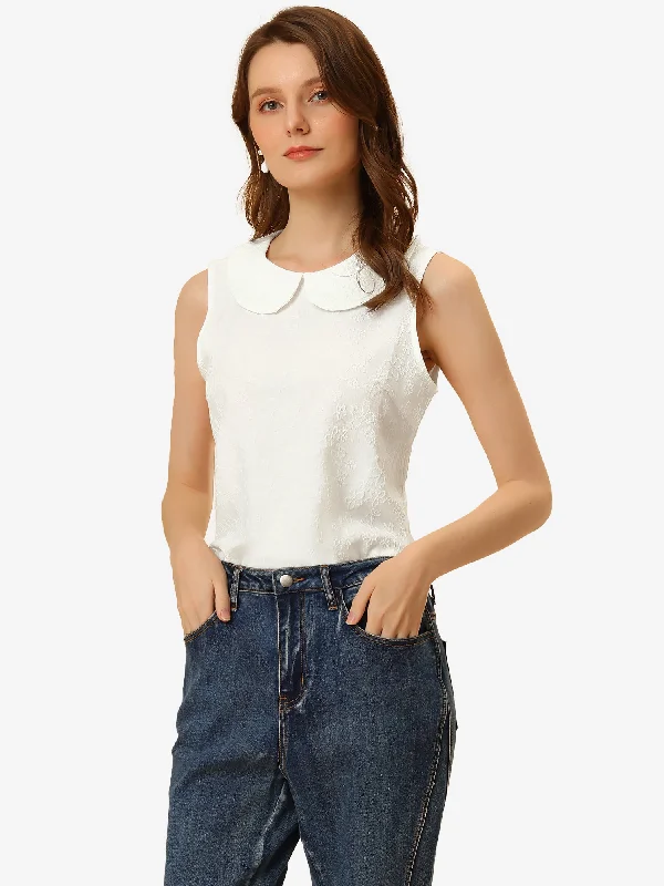 Peter Pan Collar Casual Sleeveless Jacquard Floral Tank Top cherry red tank
