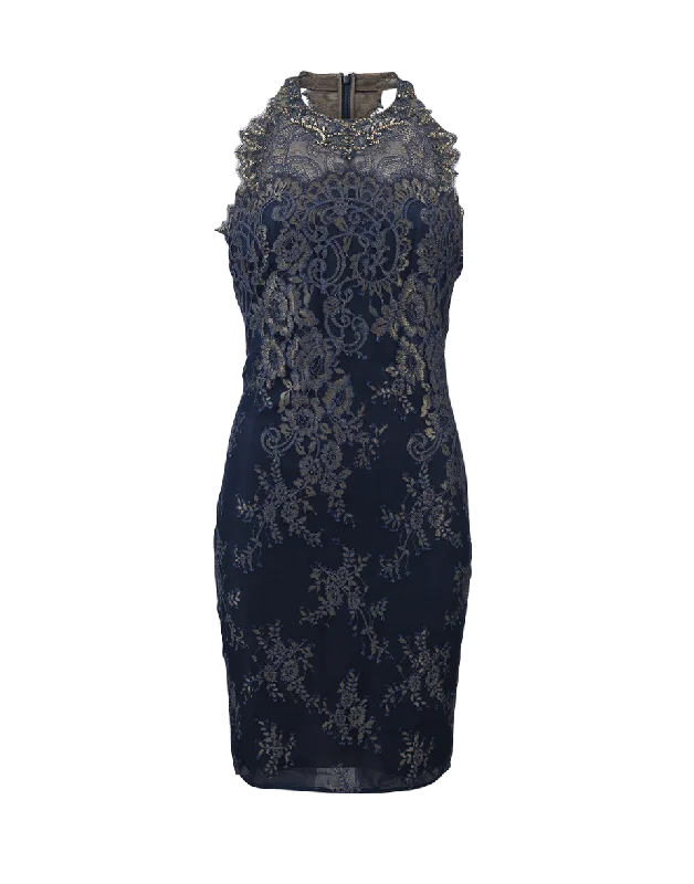 Metallic Lace T-Back Cocktail Dress Halter Neckline Beach