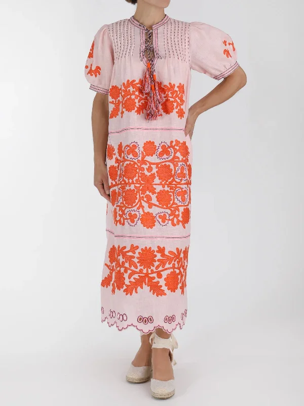 Natalia Ukrainian Embroidered Dress | Pink/Orange Tunics Versatile functional