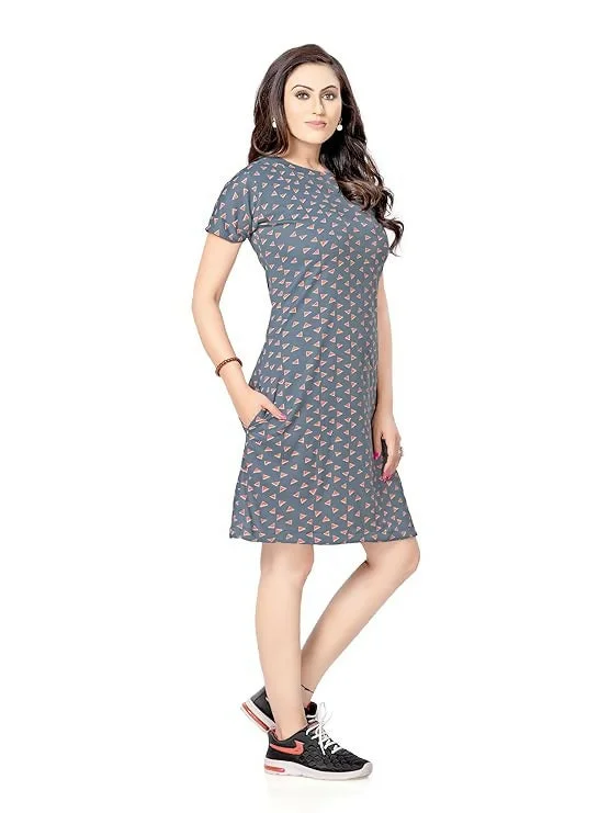 Printed Knee-Length Cotton Blend Night Dress for Women (Grey) Tunics Chic fashionable