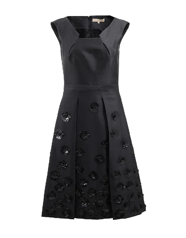 Embroidered Pleat Dress Boat Neckline Classic