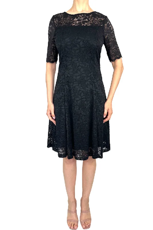 Women's Dress Black Lace Classic Dress Flattering comfort Fit In Stretch lace Fully Lined Quality Made In Canada Exclusive Yvonne Marie Boutiques Crew Neckline Sporty Women's Dress Black Lace Classic Dress Flattering comfort Fit In Stretch lace Fully Lined Quality Made In Canada Exclusive Yvonne Marie Boutiques Crew Neckline Sporty