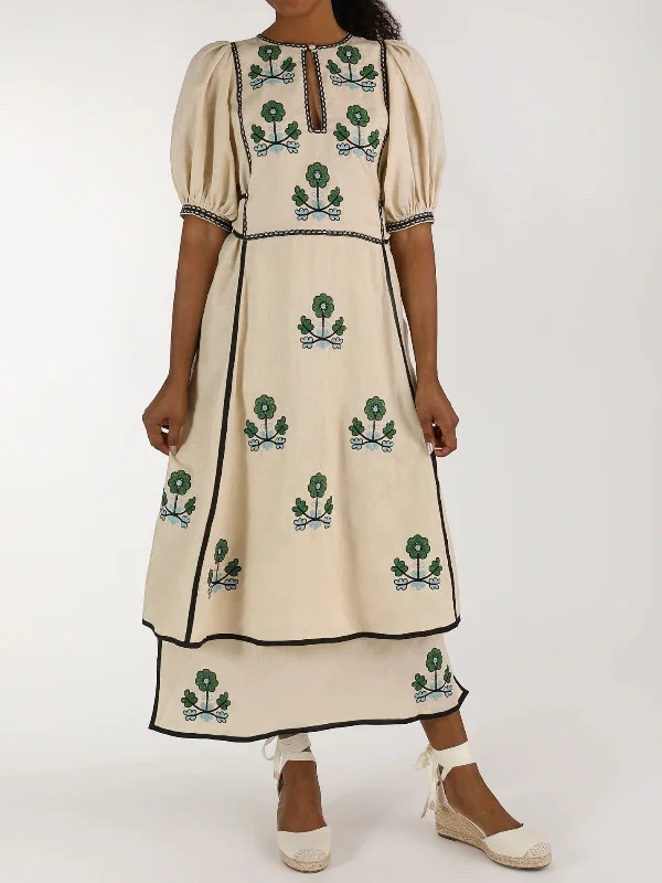 Lillie Ukrainian Embroidered Dress | Ivory/Green Tunics Cozy comfortable