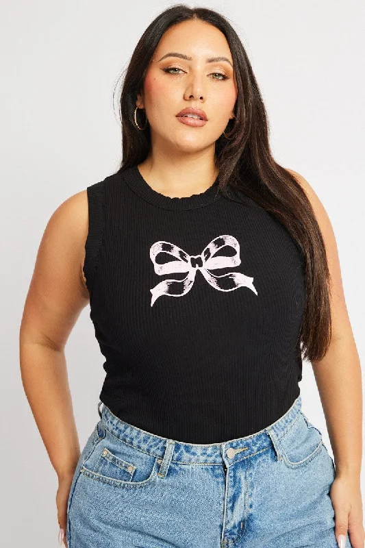 Black Tank Top Ribbon Print cropped tank top