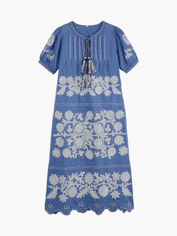 Natalia Ukrainian Embroidered Dress | French Blue/Navy/White Elegant Long Evening