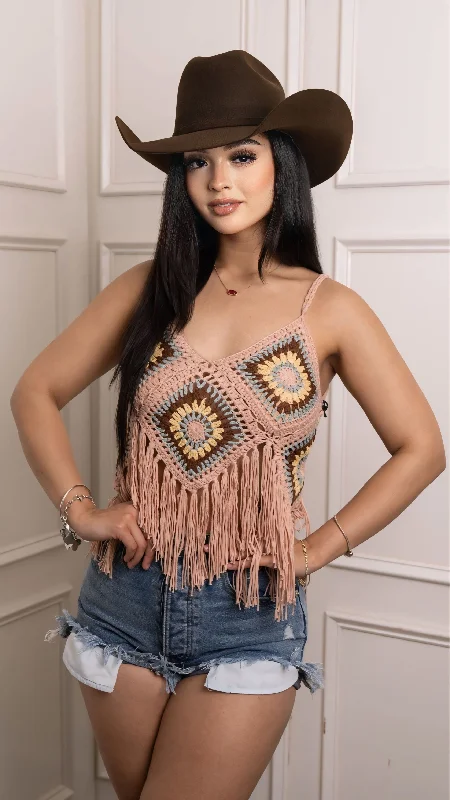Rock & Roll Denim Crochet Tank With Fringe BW20T03878 JJ charcoal tank top