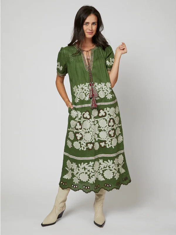 Natalia Ukrainian Embroidered  Dress | Olive Green Tunics Sophisticated sleek