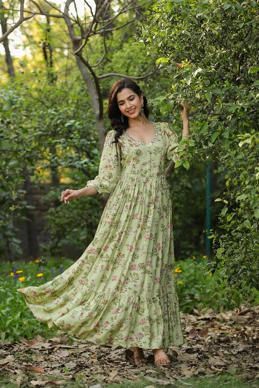 Green Muslin Silk Floral Anarkali Dress Tunics stripes playful