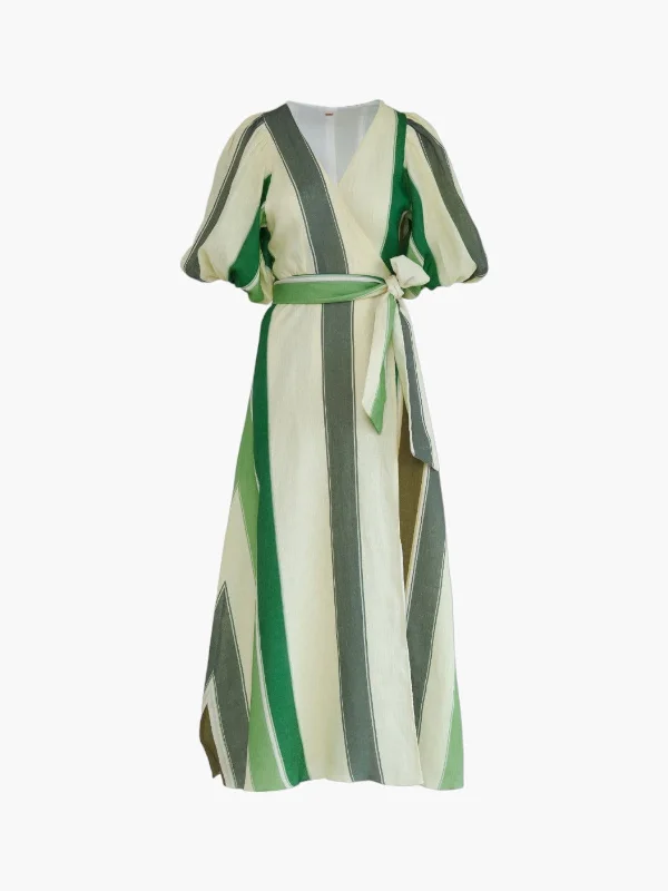 Ermita Wrap Linen Dress | Green Stripes Tunics Occasion special