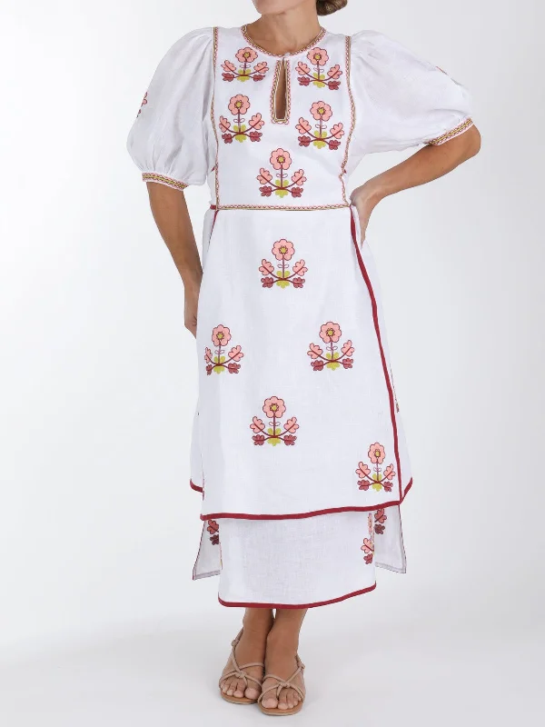 Lillie Ukrainian Embroidered Dress | White/Pink A-Line Day Work