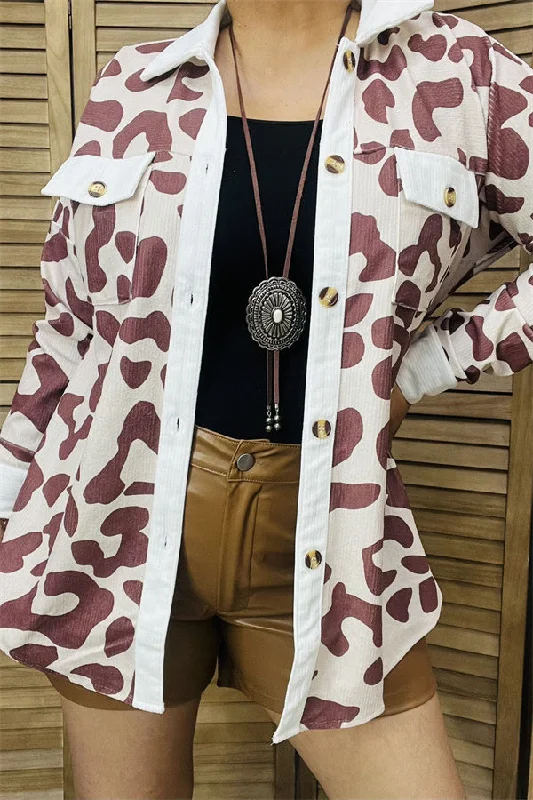 GJQ14253 Brown leopard printed long sleeve top with pocket jackets/coats V-Neck Jacket Boat Neck Jacket Square Neck Jacket