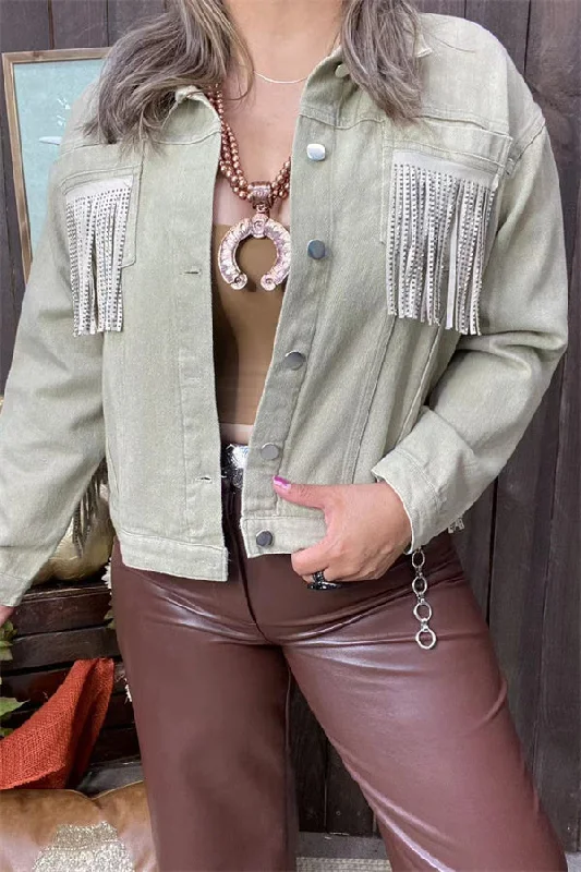 DLH13754 Women loose button up rhinestone fringe jacket/coat denim tassel Satin Jacket Silk Jacket Chiffon Jacket