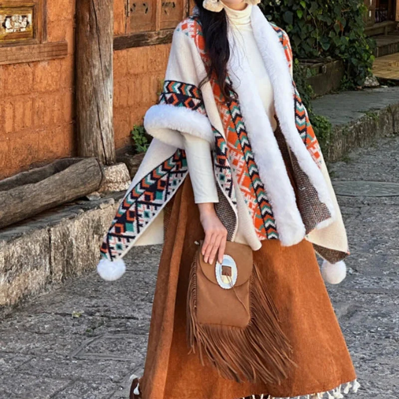 Buddha Stones Vintage Tibetan Shawl Winter Cozy Travel Scarf Wrap Coat Classic Shawl with Tassels