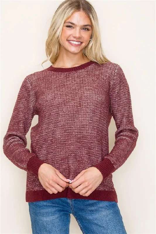 Crew Neck Pullover Sweater - Wine Tapered Sleeve Pullover