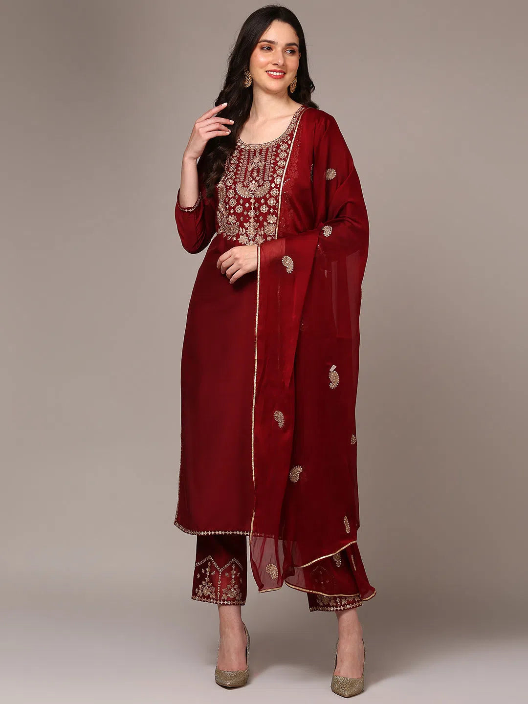 Ahika Women Maroon Silk Blend Yoke Design Straight Kurta Trouser With Dupatta PKSKD1990 Trousers Formal Black