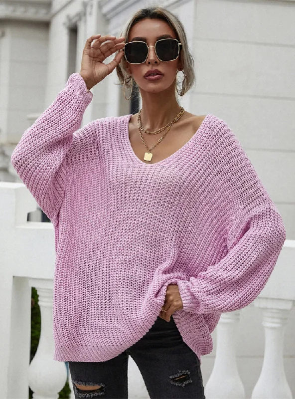 FASHION SOLID COLOR PULLOVER V-NECK LOOSE SWEATER Faux Fur Trim