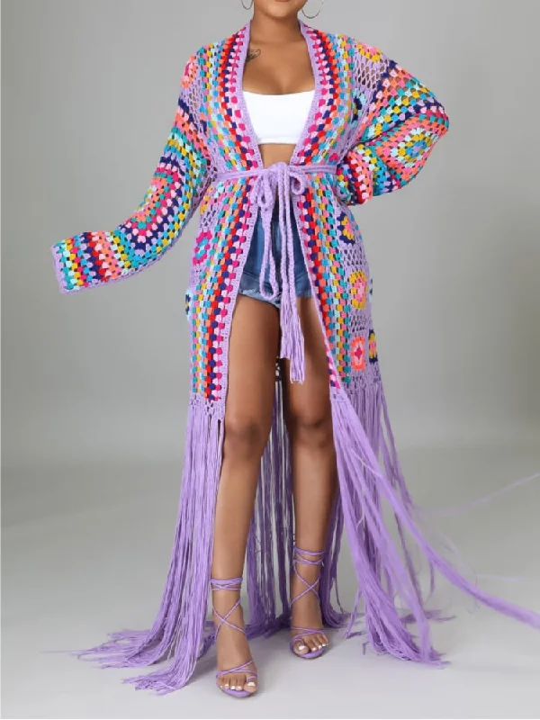 Beautiful Boho Lavender Multicolor Fringe Crochet Maxi Sweater Herringbone Houndstooth Plaid