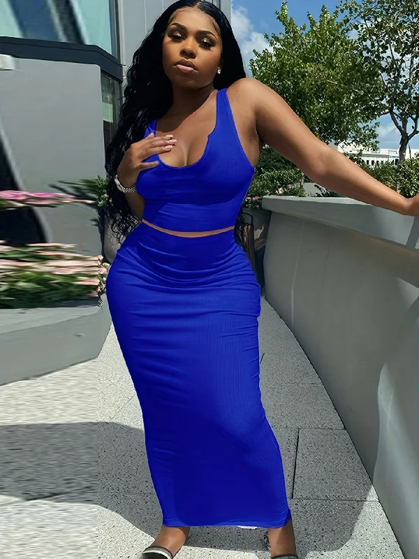 1 Sexy Two-Piece Set - High Stretch Sleeveless Tank Top with Deep V Neck & Flared Maxi Skirt Outfit - Polyester Knit Fabric, Machine Washable, Perfect for Spring/Summer athletic tank top