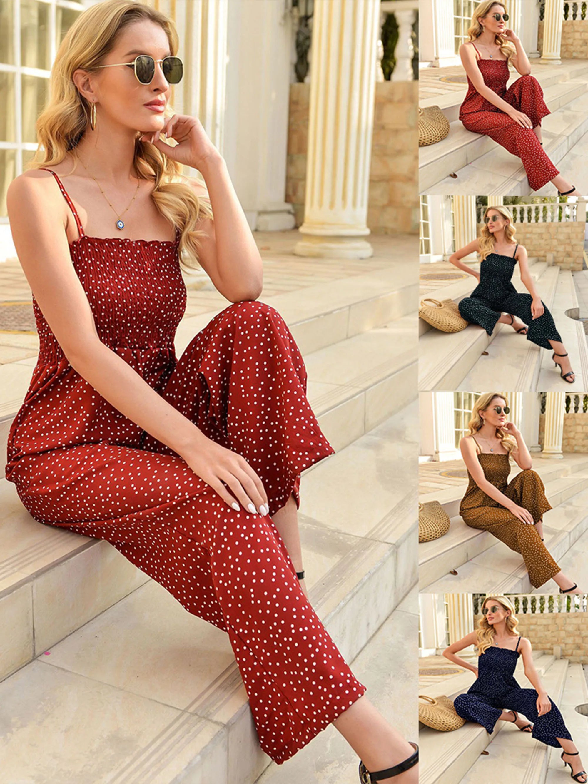 2024 Europe and the United States spring and summer new women's polka dot print wrap chest loose wide-leg one-piece trousers Trousers luxurious premium