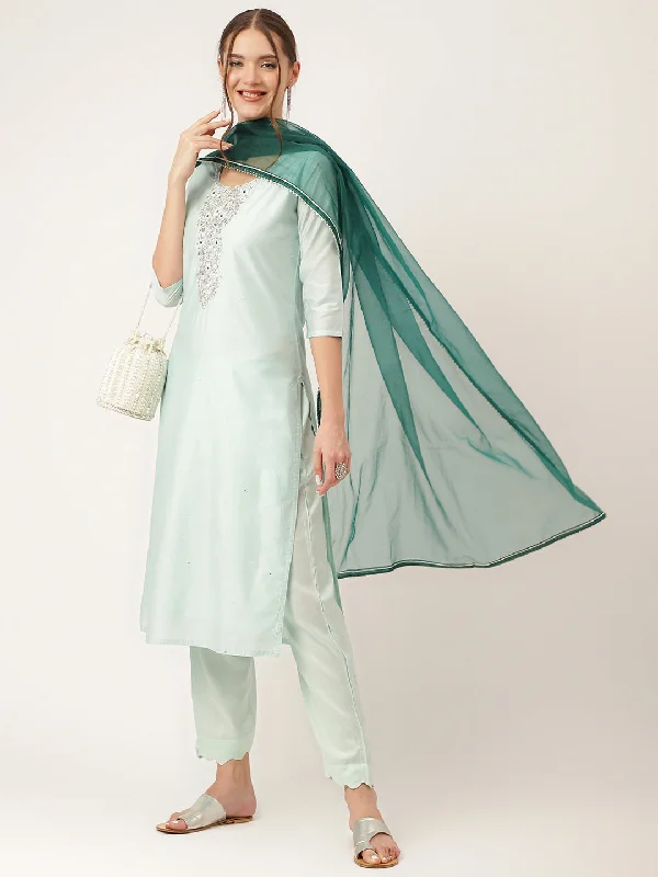 Divena Sea Green Embroidered Chanderi  Kurta, Trouser With Dupatta Trousers Ceremony Elegant