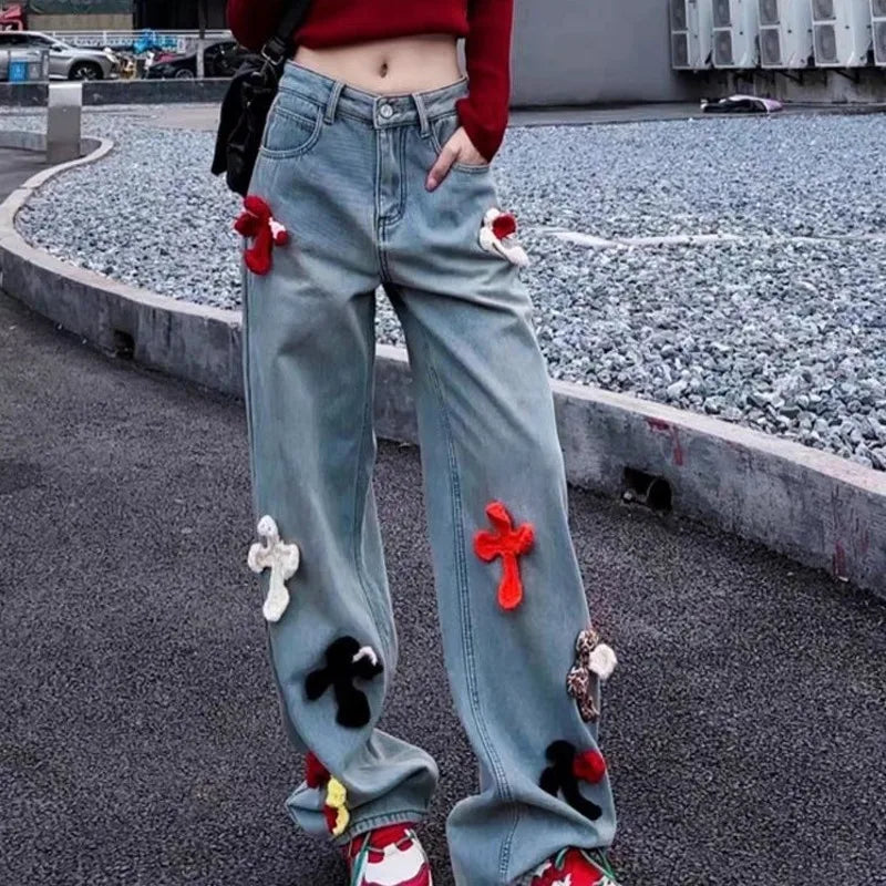 Advbridge Y2k Cross Print Straight Jeans Retro High Waist Denim Pant Casual Oversized  Baggy Trousers High Street Plush Pants For Women Trousers stylish elegant