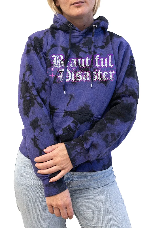 Out Of The Darkness Tie Dye Pullover Hoodie - Purple/Black Hoodie with Button Placket Classic Preppy