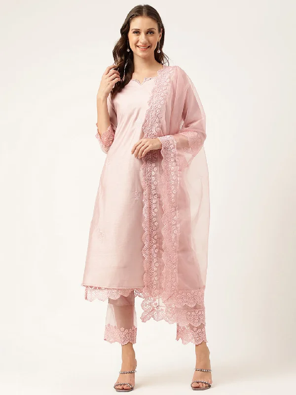 Divena Solid Chanderi Kurta with Inner,Trouser Inner & Dupatta Set Trousers Brand Named