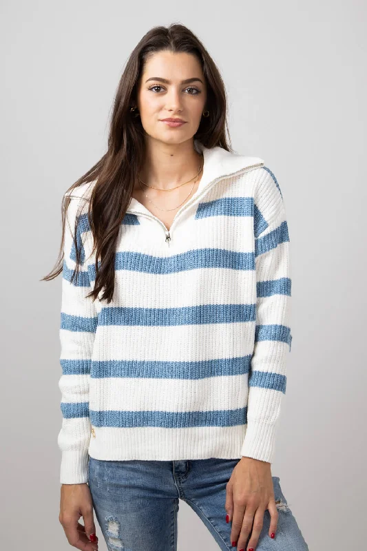 Simply Southern Stripe Quarter Zip Sweater for Women in Sandy Ocean | PP-0224-SWTR-QTRZIP-OCEAN Knit Fabric Woven Fabric Fleece Fabric