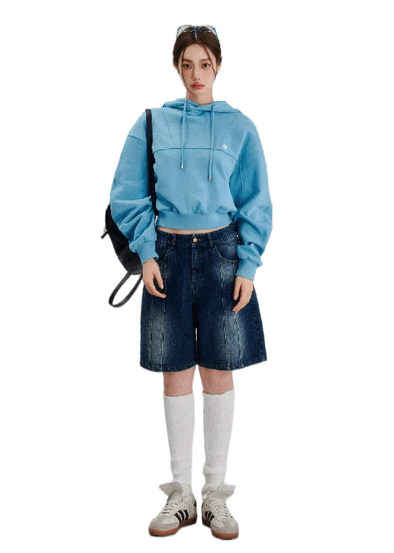 Embroidered Oversize Drop Shoulder Cropped Hoodie Hoodie with Mesh Breathable Sporty