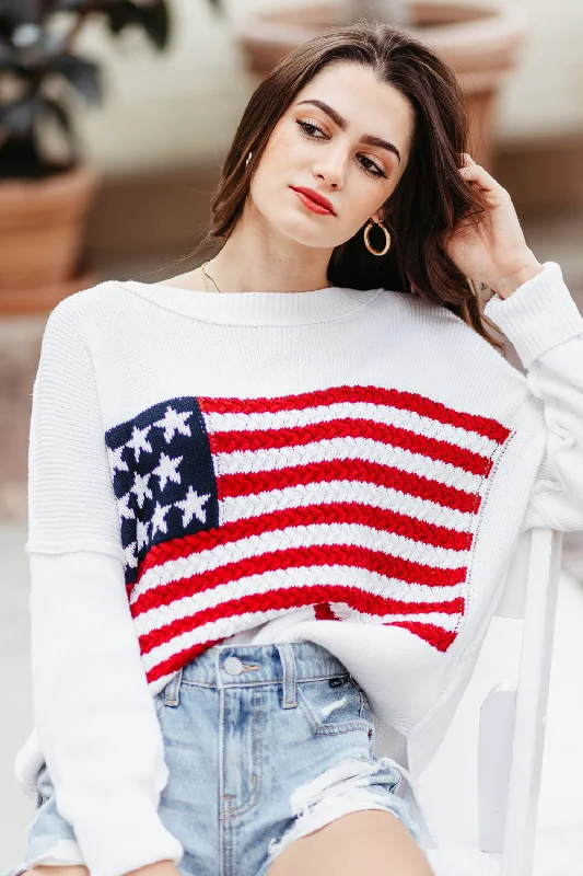 Miracle Knit American Flag Sweater for Women in White | M8167-IVORY Embroidered Appliqued Beaded