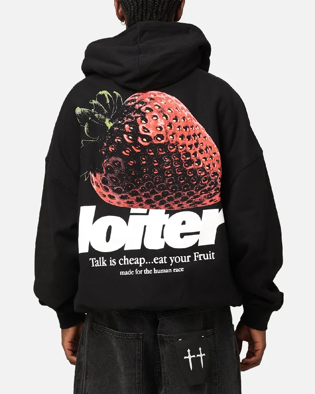 Loiter Strawberry Hoodie Black Hoodie with Mock Neck Collared Structured