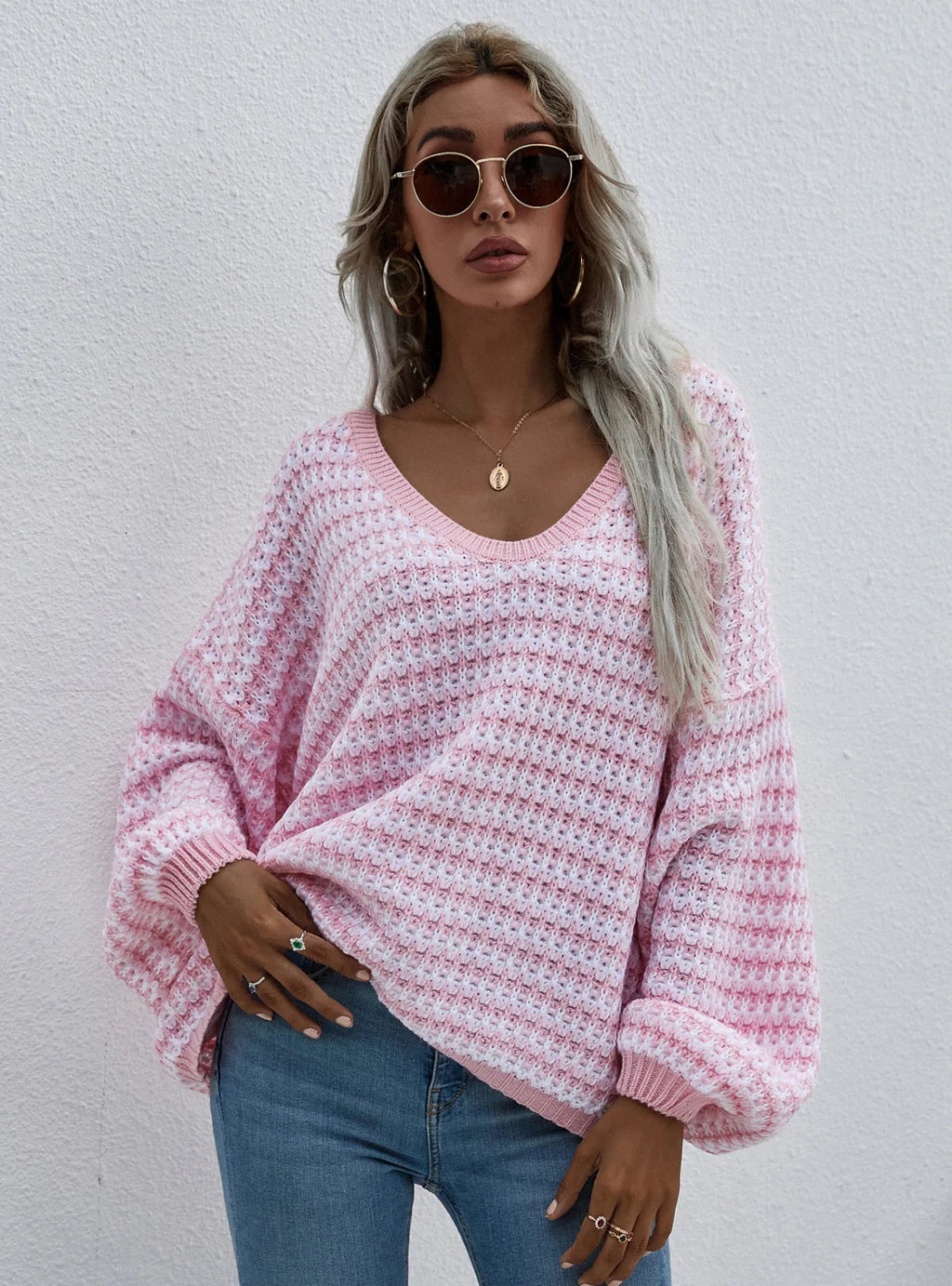 STYLISH PULLOVER STRIPED V-NECK SWEATER Angora Wool Cozy