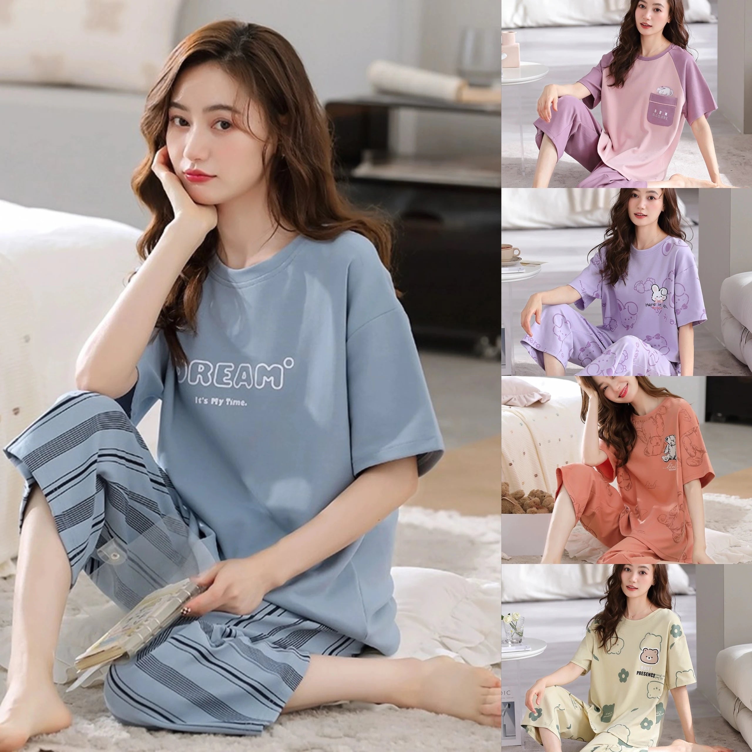 Summer Ladies Two-Piece Pajamas Women Seven Trousers Short-Sleeved Girls New Large Size Pajamas Homewear Suit Leisure Wear Trousers cozy comfortable
