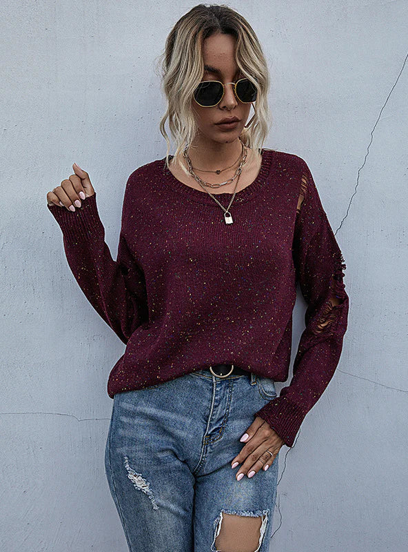 DOTTED PULLOVER HOLES SWEATER Shirred Sleeve Feminine