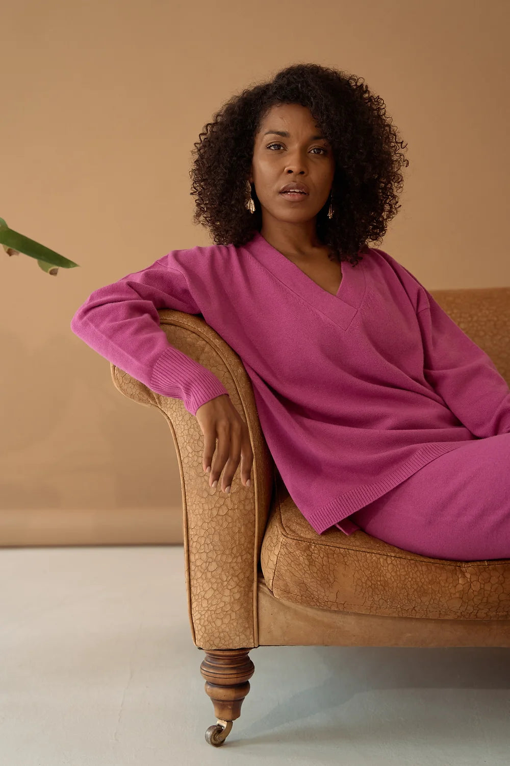 Pink V-neck Sweater Cashmere Wool Toggled Drawstring Belted