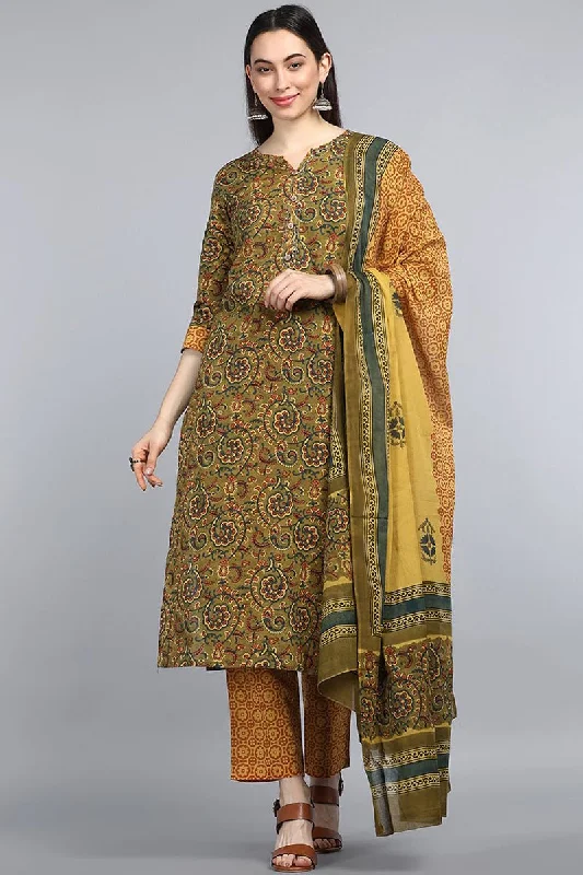 Green Yellow Floral Printed Cotton Kurta With Trousers Dupatta Set Trousers fashionable chic